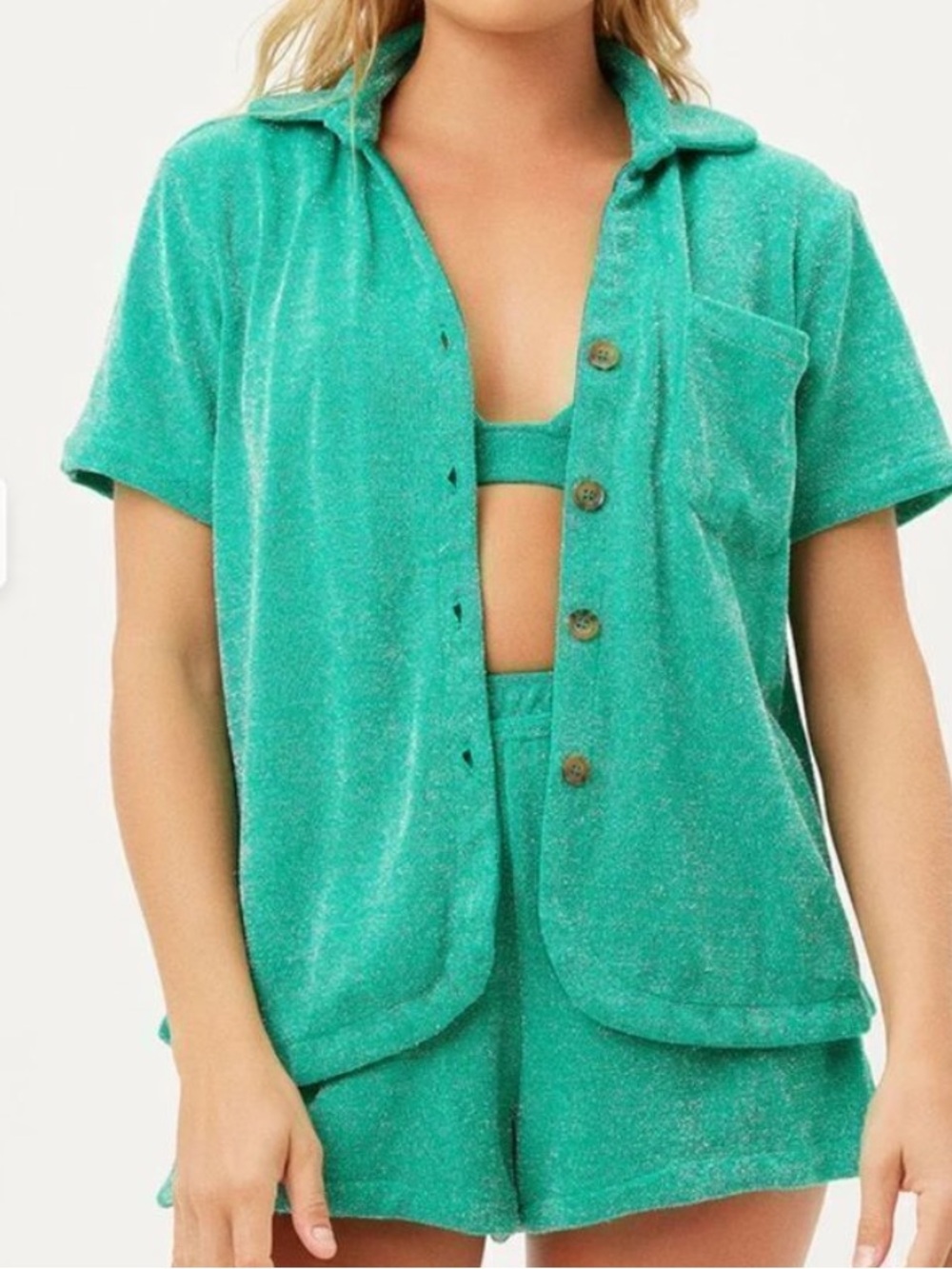 Frankies Bikinis Women’s Green Sparkle Terry Cloth Shorts Sz M